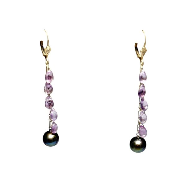 Amethyst Drop Dangle Earrings with Black Pearl Accents for Women - Picture 1 of 6